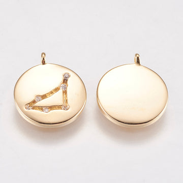 1pc, 13x11x2.5mm, Brass Micro Pave Cubic Zirconia Zodiac Sign, Real Gold Plated